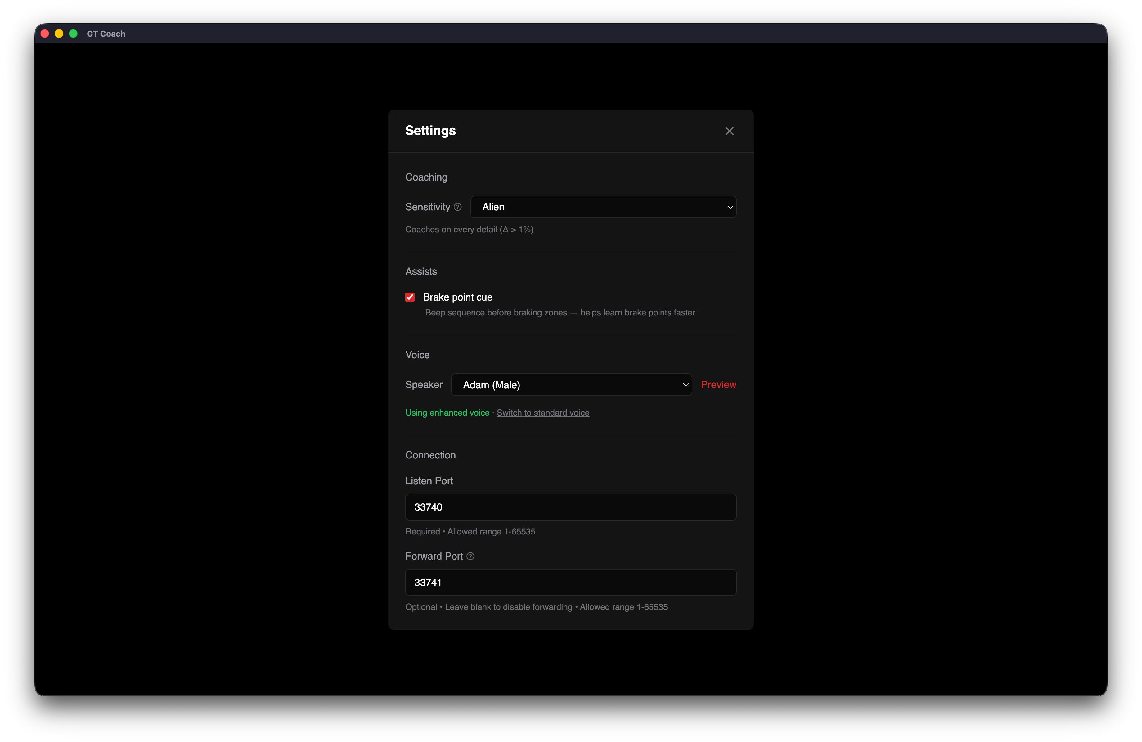GT Coach settings panel showing coaching sensitivity, voice selection, and connection configuration