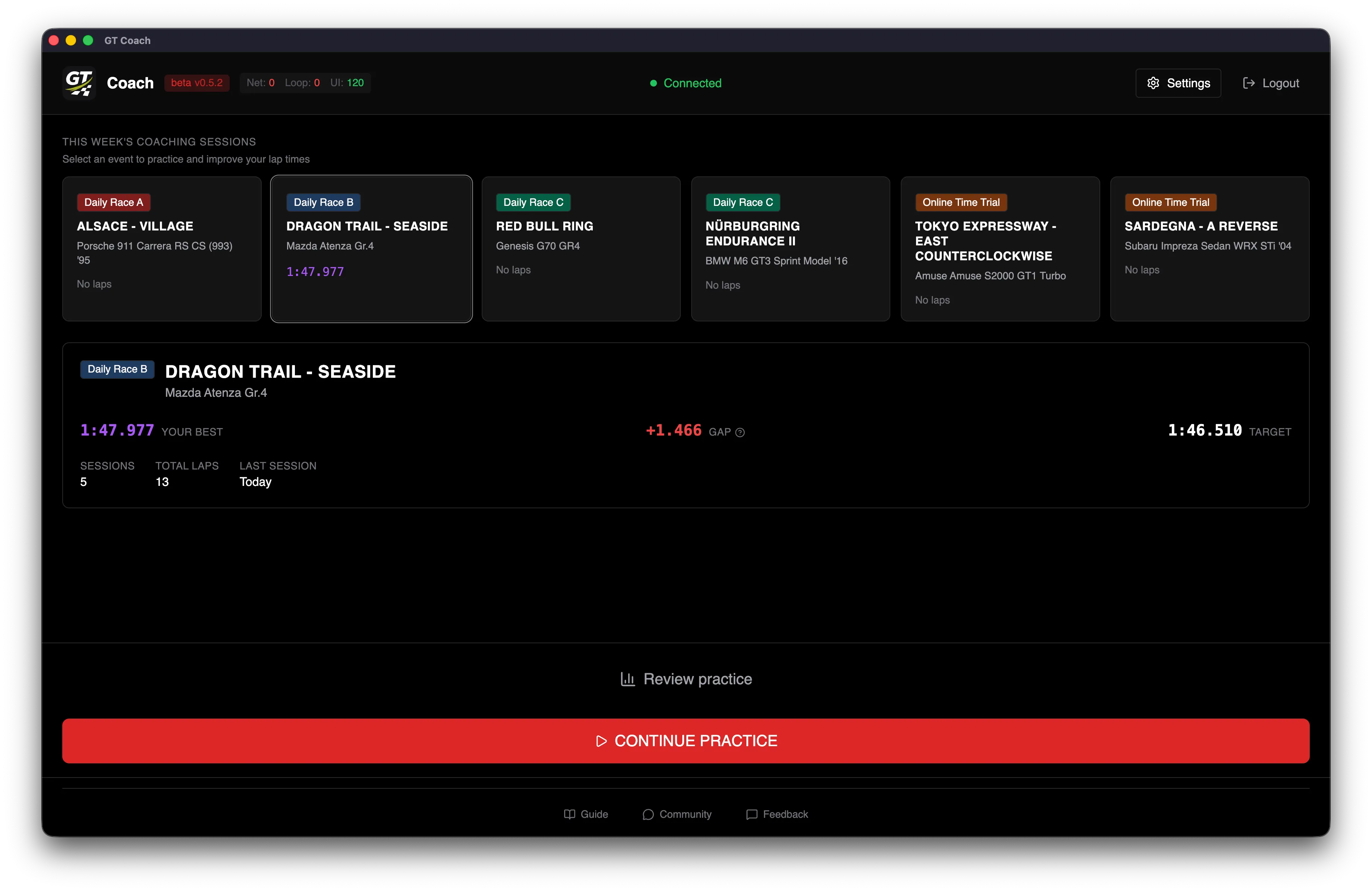 GT Coach welcome screen showing this week's coaching sessions with Daily Races, Time Trials, track names, cars, and lap times